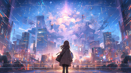 Obraz premium A pretty Anime girl, standing in the middle of a bustling city street, surrounded by skyscrapers, manga anime style illustration. Generative Ai