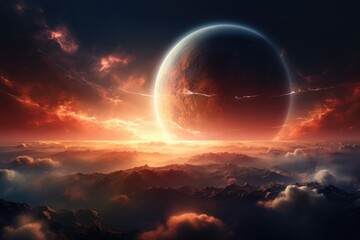 Fantasy landscape with planet and clouds. 3d illustration. Generative Ai