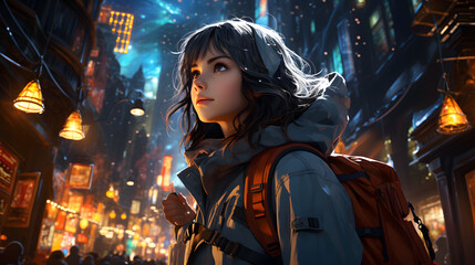 A pretty Anime girl, standing in the middle of a bustling city street, surrounded by skyscrapers, manga anime style illustration. Generative Ai