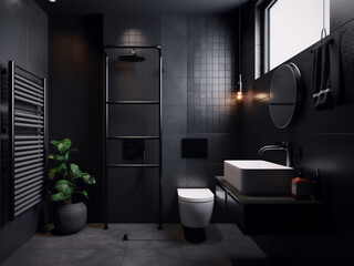Edgy black bathroom with a dramatic vibe. AI Generate. 