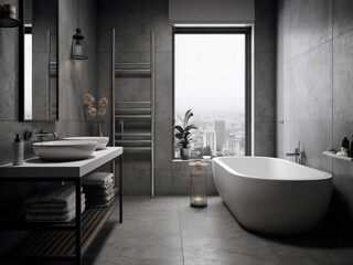 Fototapeta na wymiar Cozy and comforting light grey bathroom design. AI Generate. 
