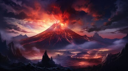 Sunset in the mountains. AI generated art illustration.