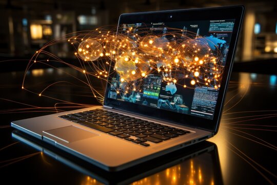 Communication technology for internet laptop. Global world network telecommunication with Ai. - Powered by Adobe