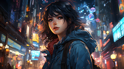 A pretty Anime girl, standing in the middle of a bustling city street, surrounded by skyscrapers, manga anime style illustration. Generative Ai