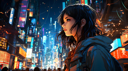 Obraz premium A pretty Anime girl, standing in the middle of a bustling city street, surrounded by skyscrapers, manga anime style illustration. Generative Ai