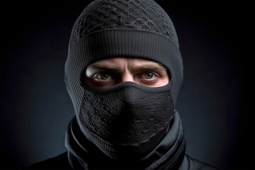 Portrait of man with face covered by black ski mask - obrazy, fototapety, plakaty