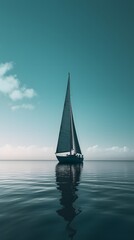 Sailing boat in the sea with reflection in water. Minimalist sailing background. Generative AI.
