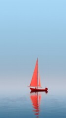 Fototapeta premium Minimalist sailing background of a sailboat reflecting on the still water. A lonely sailing boat floating in the ocean. Generative AI.