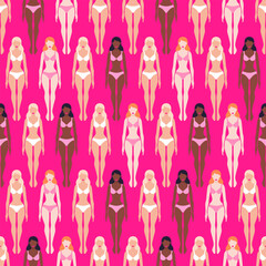 Vector seamless pattern with Barbie dolls in bright pink bikini