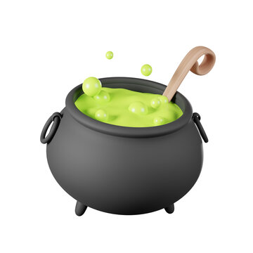 3D Witch Cauldron with green poison boiling bubble and spoon