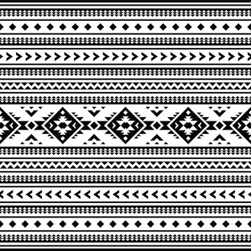 Geometric seamless pattern with Aztec tribal motives in black and white colors. Abstract background with ethnic style design for textile and decorative.