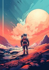 Astronaut is walking on Mars with universe background. Generative Ai.