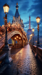 Evening romantic view of illuminated stone bridge