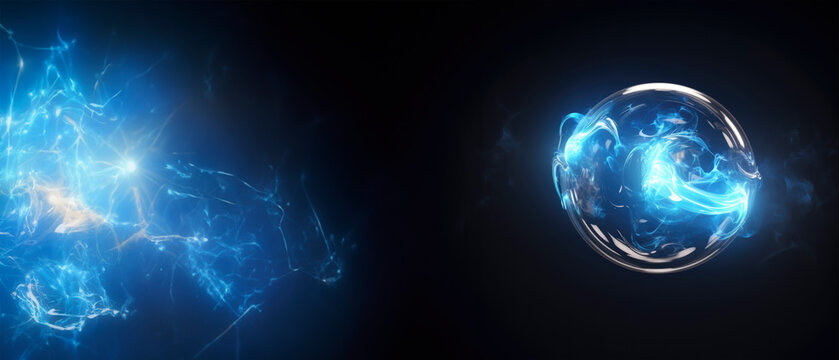 blue glowing dynamic plasma energy flow in bubble on a dark background, copy space