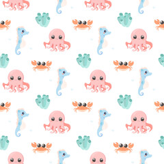 Sea creatures pattern seamless set cute vector