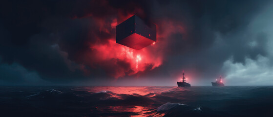 ominous red cub ufo over ocean with navy ships observing, paranormal horror concept, banner size, copy space