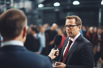 Naklejka na ściany i meble TV journalist holding microphone making press interview with unrecognizable male business person