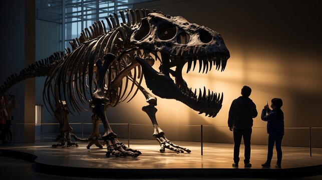 Photo fossil skeleton of dinosaur king tyrannosaurus rex in museum. Ai generated