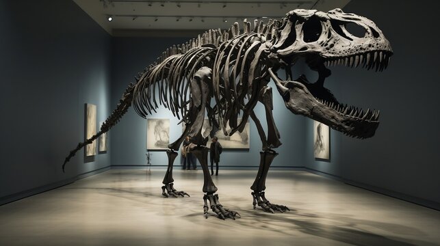 Photo fossil skeleton of dinosaur king tyrannosaurus rex in museum.Ai generated