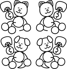 うちわで涼むわんまるとにゃんまるの線画セット　犬　猫
