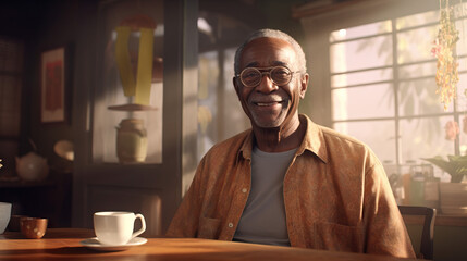 African American Senior Older Man Drinking Coffee Mug in the Morning on a Sunny Day on His Porch. Concept of Relaxation, Waking Up, Enjoyment, and Caffeine.