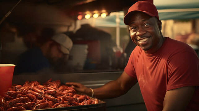 Happy Smiling African American Man at Food Truck Stand Selling Crayfish. Red Lobster. Louisiana. Crawfish. Cooking Baybugs, Crabfish, Craws, Crawfish, Crawdaddies, Crawdads, Mudbugs.