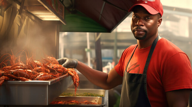 African American Man at Food Truck Stand Selling Crayfish. Red Lobster. Louisiana. Crawfish. Cooking Baybugs, Crabfish, Craws, Crawfish, Crawdaddies, Crawdads, Mudbugs. Concept of Eating.