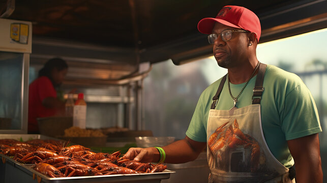 African American Man at Food Truck Stand Selling Crayfish. Red Lobster. Louisiana. Crawfish. Cooking Baybugs, Crabfish, Craws, Crawfish, Crawdaddies, Crawdads, Mudbugs. Concept of Eating.