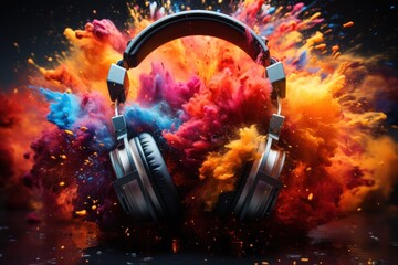 music background with headphones and vibrant colours explosion,