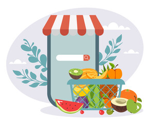 Food market online farm business mobile app abstract concept. Vector flat graphic design illustration
