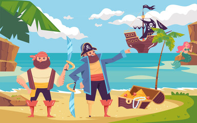 Pirate on island sea shore concept. Vector flat graphic design illustration