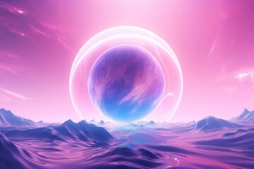 A planet in universe with other life , mountains and moon in pastel colors. Generative Ai.