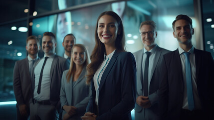 Obraz premium A Group of Business People Standing in Front of a Window in a Building at Night Time. Technology Workers. Happy Team of Workers. Business Suits. Professional Systems. Concept of Teamwork.