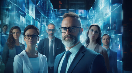 Group of Professional Office Workers Posing for a Photo in a Blue Technology Futuristic Office Space. Concept of Tech, Security, Services, Systems, and Pssi.