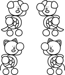 ビーチボールを持つわんまるとにゃんまるの線画セット　犬　猫
