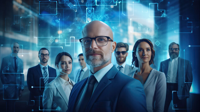 A Man With Glasses and a Beard Standing in Front of a Group of People in a Business Suit and Tie. Cybernetics and Technology. Blue Wiring and Screens. Concept of Tech, Future, Futuristic, and Teamwork