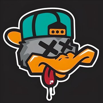 illustration of a duck with hat, x eyes/dead eyes and tongue hangs