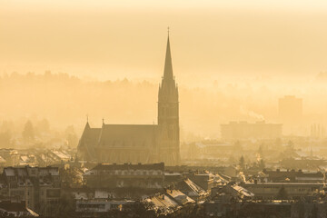 Morning view of Graz in Austria with the church Herz-Jesu-Kirche
