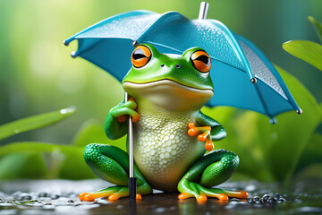 A cute frog holding an umbrella Generative AI