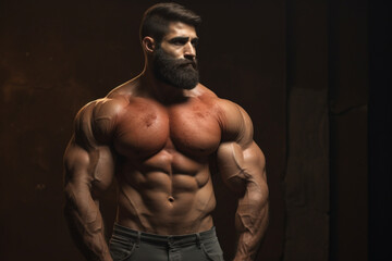 Fototapeta na wymiar Unrecognizable bodybuilder man shows strong muscles
