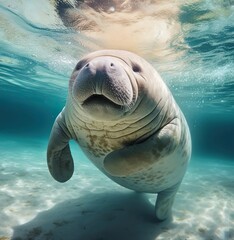 A dugong is swimming in the water