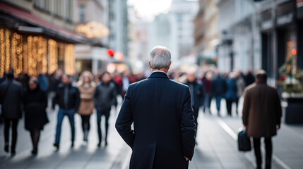 Fototapeta premium backside of senior business man walking in the street business district background.