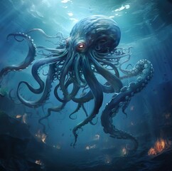 An illustration fantasy of an kraken octopus monster in the ocean