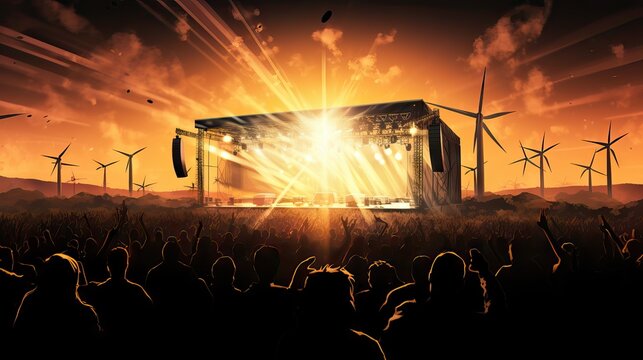 An image of a concert powered by wind turbines and solar panels, representing the shift towards eco-friendly event planning. Generative AI