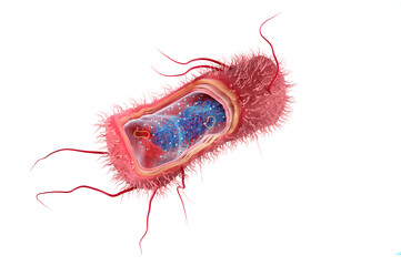 Escherichia coli anatomy. This rod-shaped, Gram negative bacteria or salmonella with peritrichous flagella can cause acute urinary tract infections, abdominal cramps or typhoid fever. 3d illustration
