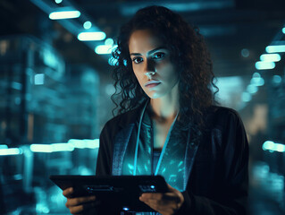 Successful Female Data Center IT Specialist Using Tablet Computer, Turning Augmented VFX Visualization on Server Farm Cloud Computing Facility. System Engineer Working for Cyber Data Security Company.