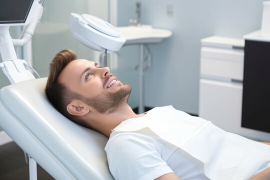 Unrecognizable dentist whitening teeth of young man sitting in dental chair in modern clinic, Side view