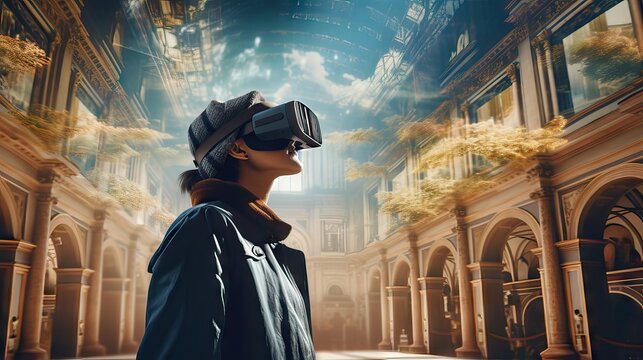 An image of a person exploring a museum through virtual reality glasses, representing the rise of virtual tours in museums. Generative AI