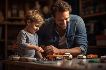 Unrecognizable father with his son playing with cars, Studio shot on wooden background