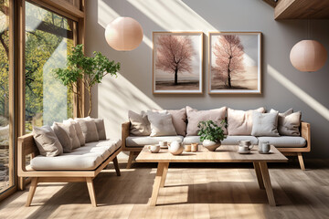 Rustic sofa near grey wall with two frames against big window. Scandinavian, rustic home interior design of modern living room. - obrazy, fototapety, plakaty